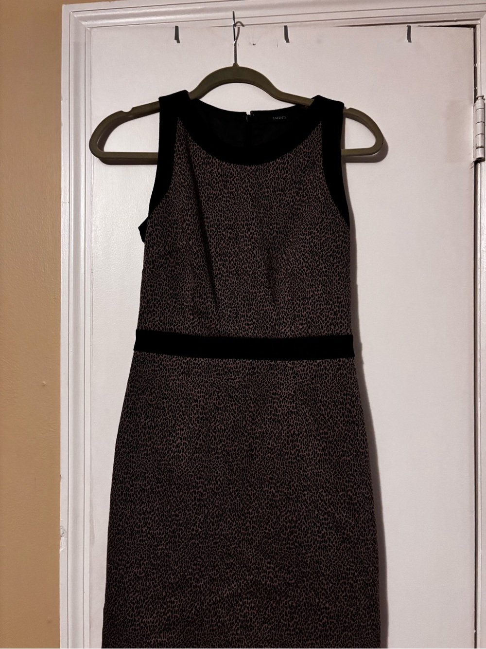Sleeveless Black and Brown Sheath Dress with Subtle Animal Print